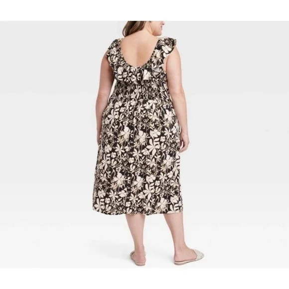 Ava & Viv Ruffle Sleeve Empire Waist Linen Blend Dress In Black Floral 1X - Picture 2 of 11